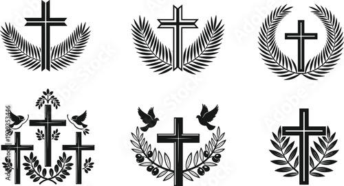Christian cross, religious symbol, black and white, palm frond, laurel wreath, olive branch, bird, faith, spiritual, elegant, symmetrical, graphic, outline, memorial, church, worship