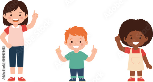 Cartoon children vector illustration, happy kids raising fingers, diverse characters in colorful outfits for education, design, animation, and storytelling