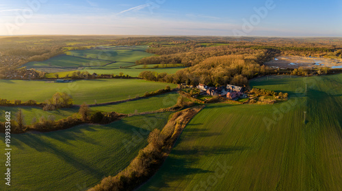 Rural Countryside Aerial Scene at Sunset Golden Hour
