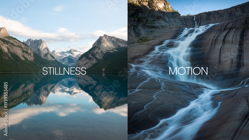 Stillness and Motion Contrast Between Calm Mountain Lake and Flowing Waterfall