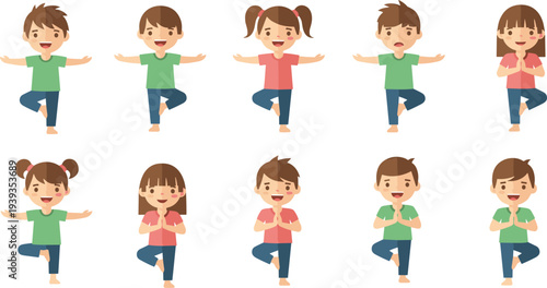 Cartoon children yoga tree pose, diverse kids mindfulness illustration, healthy balance exercise concept, cad drawing flat vector illustration