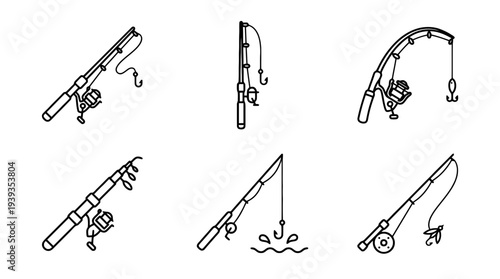 collection of fishing rod, minimal thin icon vector set , white background , PNG and SVG isolate