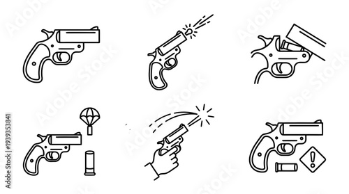 collection of flare gun, minimal thin icon vector set , white background , PNG and SVG isolate