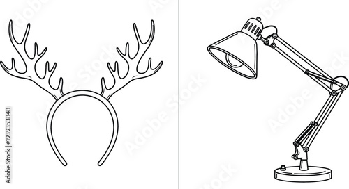 Reindeer antler headband and desk lamp outline illustration decorative accessory and adjustable table light vector line art