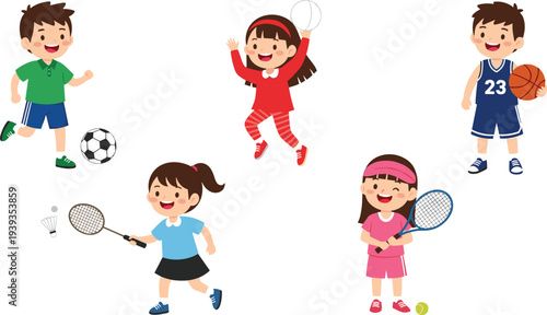 Cartoon kids playing sports, soccer, volleyball, basketball, badminton, tennis, active children, fun exercise, cad drawing flat vector illustration