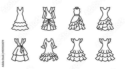 collection of flamenco dress, minimal thin icon vector set , white background , PNG and SVG isolate