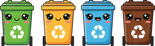 Cartoon recycling bins with smiling faces in green, yellow, blue, brown, waste sorting concept, cad drawing flat vector illustration