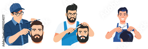 Barbershop scene with men getting haircuts