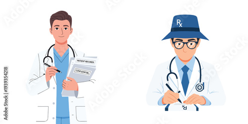 Doctors with patient records and prescription pad