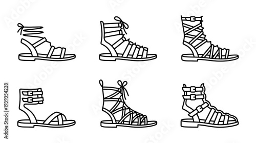 collection of gladiator sandals, minimal thin icon vector set , white background , PNG and SVG isolate