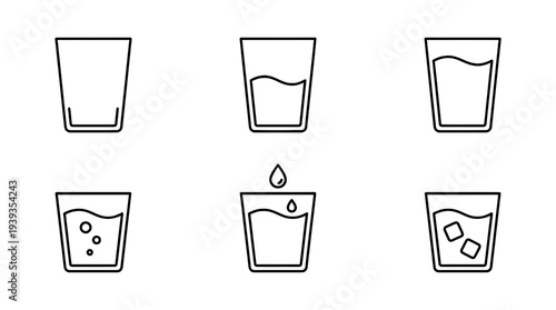 collection of glass of water, minimal thin icon vector set , white background , PNG and SVG isolate