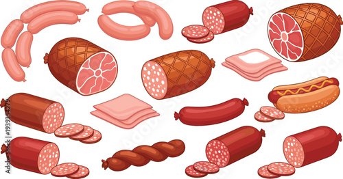 Assorted Sausage and Processed Meat Vector Set Featuring Salami, Ham, Bacon, Hot Dog, and Different Sausage Types Isolated Food Illustration Collection