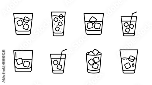 collection of glass with ice, minimal thin icon vector set , white background , PNG and SVG isolate