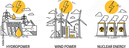 Renewable and Nuclear Energy Sources Illustration with Hydropower Wind Turbines and Nuclear Plant Vector Icon Set