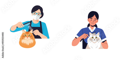 Cat grooming professionals with pets