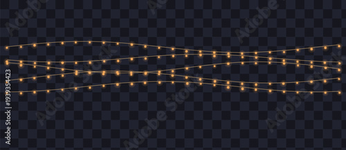 Bright yellow golden glowing string lights gently illuminate a dark transparent checkered background with warmth