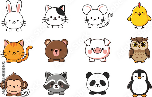 Cute animal cartoon icon set rabbit cat mouse chick tiger bear pig owl monkey raccoon panda penguin vector illustration