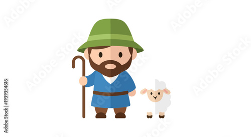 Shepherd with sheep vector illustration, flat design, for pastoral themes and religious concepts
