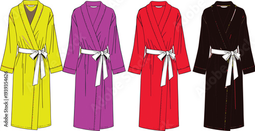 Colorful, women, bathrobe, kimono, robe, collection, yellow, pink, red, black, spa, loungewear, sleepwear, belt, fashion, illustration, clothing, homewear, vector, set