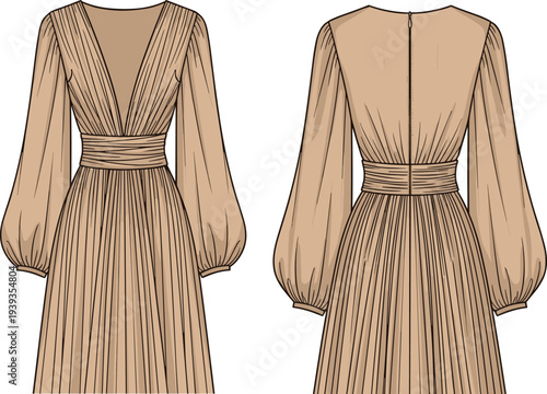 Elegant, pleated, women, maxi, dress, front, back, view, long, sleeve, evening, gown, fashion, illustration, beige, stylish, clothing, design, vector, template