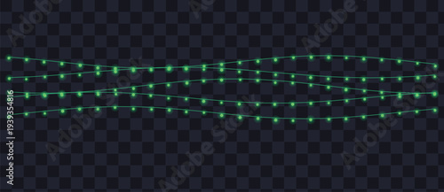 Three wavy strings of glowing green fairy lights illuminate a dark transparent checkered background