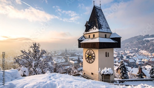 Winter cityscape featuring a clock tower under a bright, cloud-streaked sky