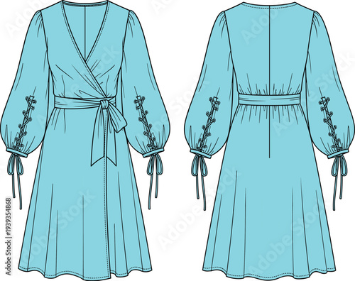 Elegant, turquoise, wrap, dress, front, back, view, long, sleeve, women, fashion, illustration, belted, midi, dress, stylish, clothing, design, vector, template