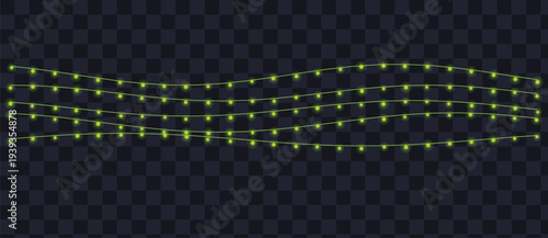 Three wavy strings of glowing green fairy lights illuminate a dark transparent checkered background