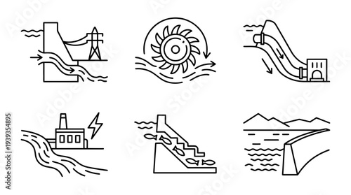 collection of hydro power, minimal thin icon vector set , white background , PNG and SVG isolate