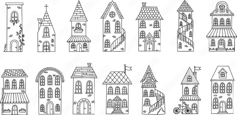 Fototapeta premium Hand Drawn Cute European Town Houses Vector Set with Vintage Buildings, Small Street Homes, Architectural Facades, and Charming Old City Illustration