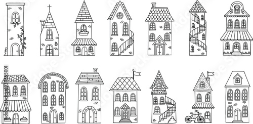 Hand Drawn Cute European Town Houses Vector Set with Vintage Buildings, Small Street Homes, Architectural Facades, and Charming Old City Illustration