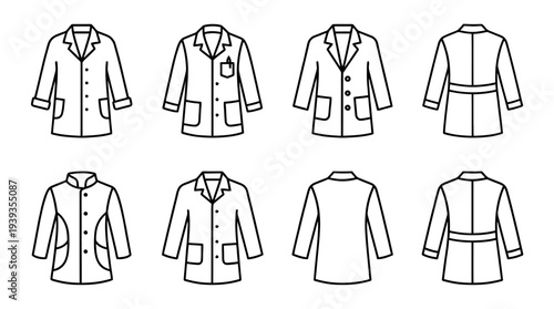 collection of lab coat, minimal thin icon vector set , white background , PNG and SVG isolate