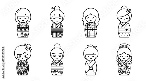 collection of kokeshi doll, minimal thin icon vector set , white background , PNG and SVG isolate