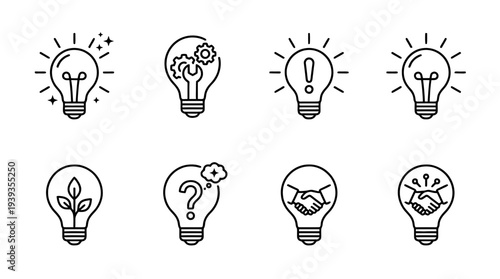 collection of light bulb idea, minimal thin icon vector set , white background , PNG and SVG isolate