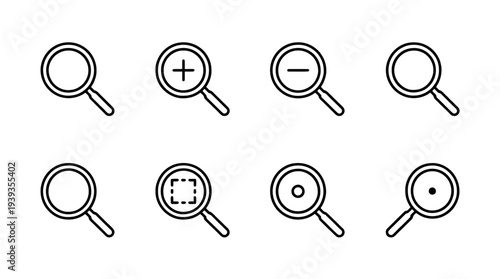 collection of magnifier zoom, minimal thin icon vector set , white background , PNG and SVG isolate