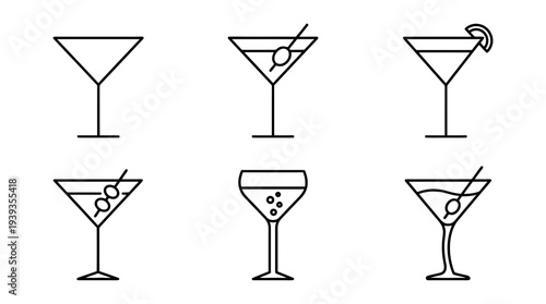 collection of martini glass, minimal thin icon vector set , white background , PNG and SVG isolate