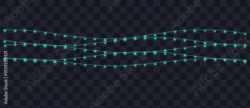 Cool blue green string lights illuminate a dark transparent backdrop, adding a vibrant and modern touch