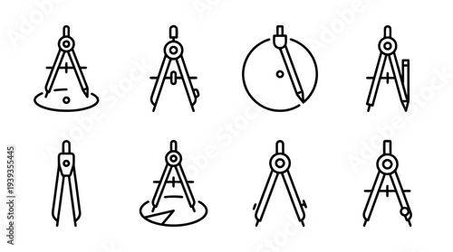 collection of math compass, minimal thin icon vector set , white background , PNG and SVG isolate