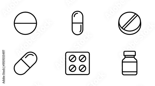 collection of medicine pill, minimal thin icon vector set , white background , PNG and SVG isolate