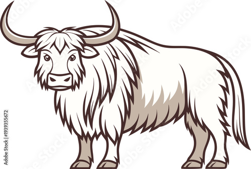 Yak Single Animal Illustration Concept. Himalayan Yak Isolated Animal Concept. Yak Mountain Mammal Wildlife Theme. Single Yak Highland Animal Illustration. Yak Domestic Mountain Animal Concept