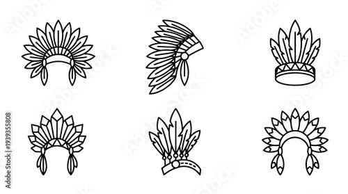 collection of native american headdress, minimal thin icon vector set , white background , PNG and SVG isolate