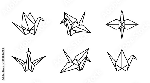 collection of origami crane, minimal thin icon vector set , white background , PNG and SVG isolate