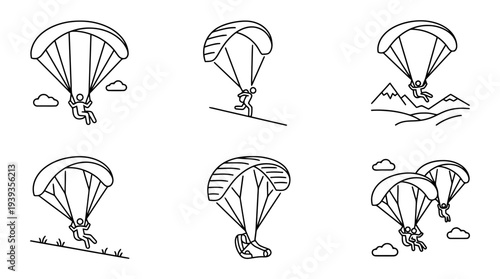 collection of paragliding, minimal thin icon vector set , white background , PNG and SVG isolate