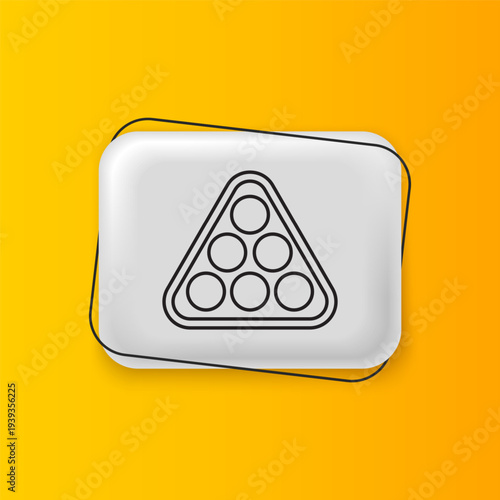 Black Billiard balls in a rack triangle icon isolated on yellow background. Silver rectangle button. Vector