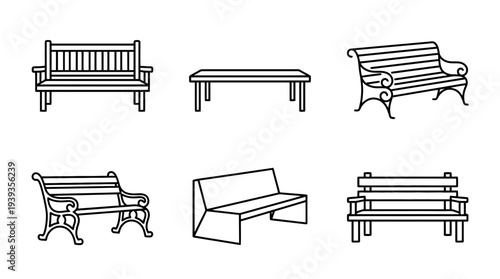 collection of park bench, minimal thin icon vector set , white background , PNG and SVG isolate