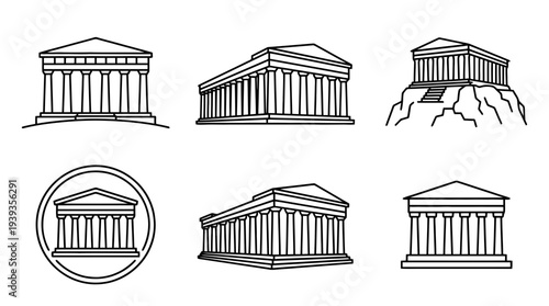 collection of parthenon, minimal thin icon vector set , white background , PNG and SVG isolate