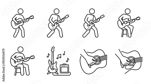 collection of playing guitar, minimal thin icon vector set , white background , PNG and SVG isolate