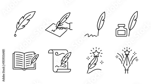 collection of poetry quill, minimal thin icon vector set , white background , PNG and SVG isolate
