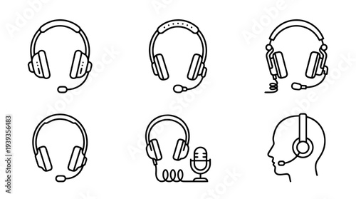 collection of podcasting headphones, minimal thin icon vector set , white background , PNG and SVG isolate