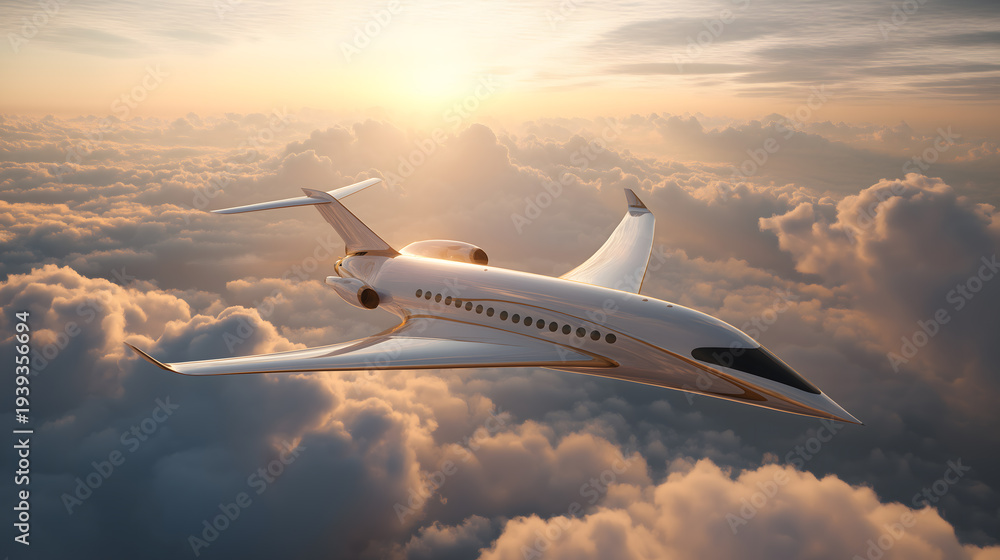Fototapeta premium A luxurious private jet soars through the clouds during a breathtaking sunset